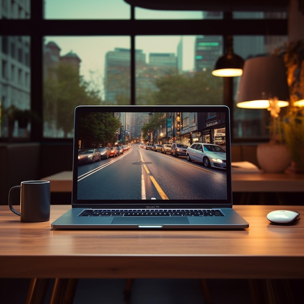 laptop siedzący na biurku z widokiem na miasto w tle generatywny ai