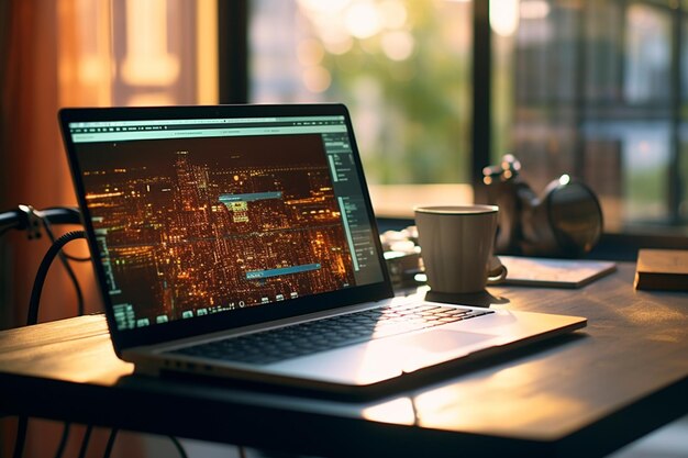 Zdjęcie laptop siedzi na biurku z filiżanką kawy generatywnej ai