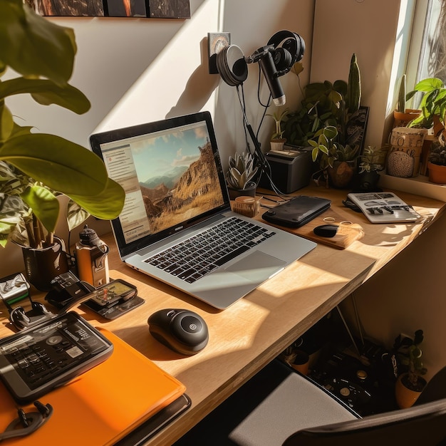 Laptop stoi na biurku z rośliną w rogu