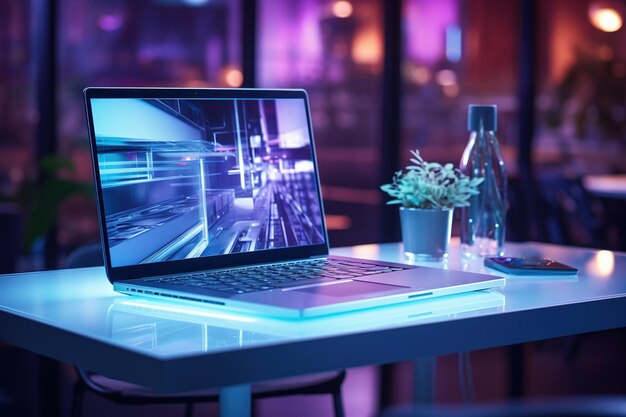 Zdjęcie laptop w ciemnym pokoju z neonowym oświetleniem