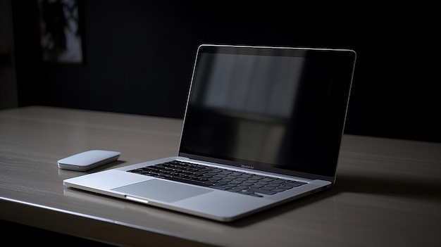 Laptop w drewnianym biurku w domowym biurze AI generowany