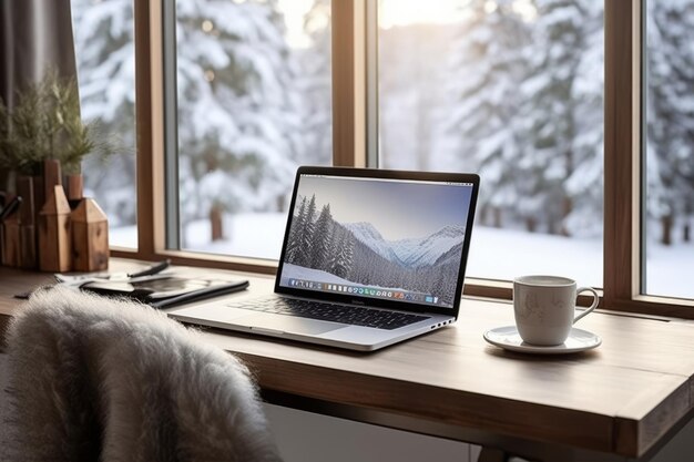 Laptop w pobliżu okna z widokiem na śnieg Zimowy przytulny obszar pracy Koncepcja pracy o poranku Generatywna ilustracja AI