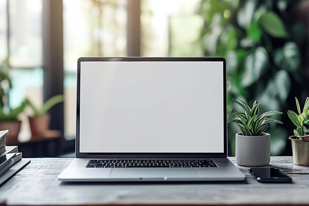 Laptop z białym pustym wyświetlaczem w drewnianym biurku z roślinami i liśćmi i pustą przestrzenią Generatywna sztuczna inteligencja