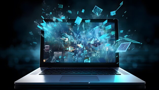 Laptop z cyfrowym kodem tajemnicze nocne sceny jasno azurowy