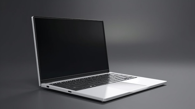 Laptop z czarnym ekranem znajduje się na szarej powierzchni koncepcja makiety laptopa