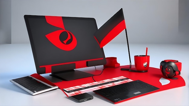 laptop z czerwono-czarną flagą udrapowaną z okazji Międzynarodowego Dnia Pracownika