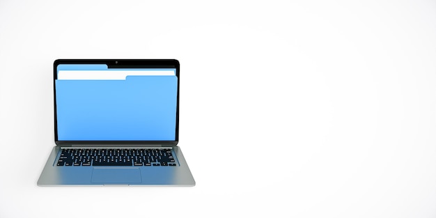Laptop z dużą niebieską ikoną folderu wyświetlaną na ekranie izolowaną na białym tle reprezentującą koncepcję cyfrowego zarządzania plikami 3D Rendering