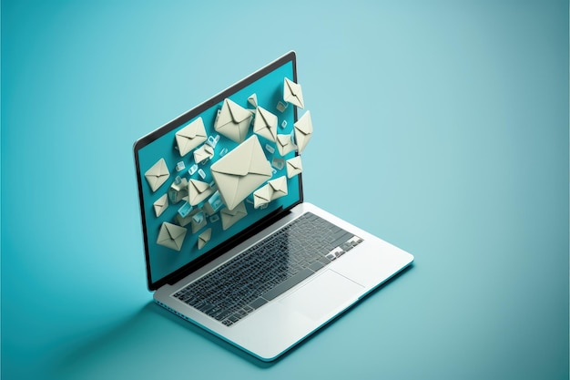 Laptop z kopertą na ekranie koncepcja wysyłania i odbierania wiadomości e-mail niebieskie tło AI