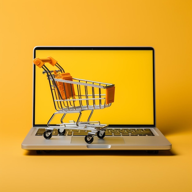 Laptop z koszykiem na żółtym tle Koncepcja zakupów internetowych
