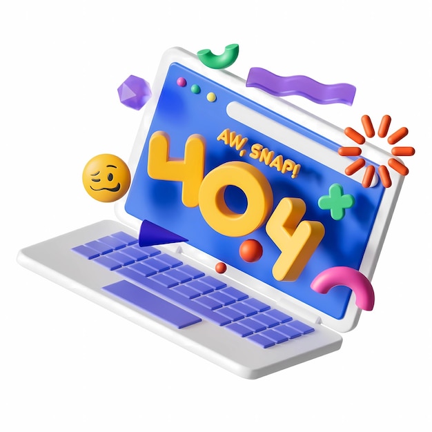 Laptop z kreskówkami 3D wyświetlający wiadomość o błędzie 404