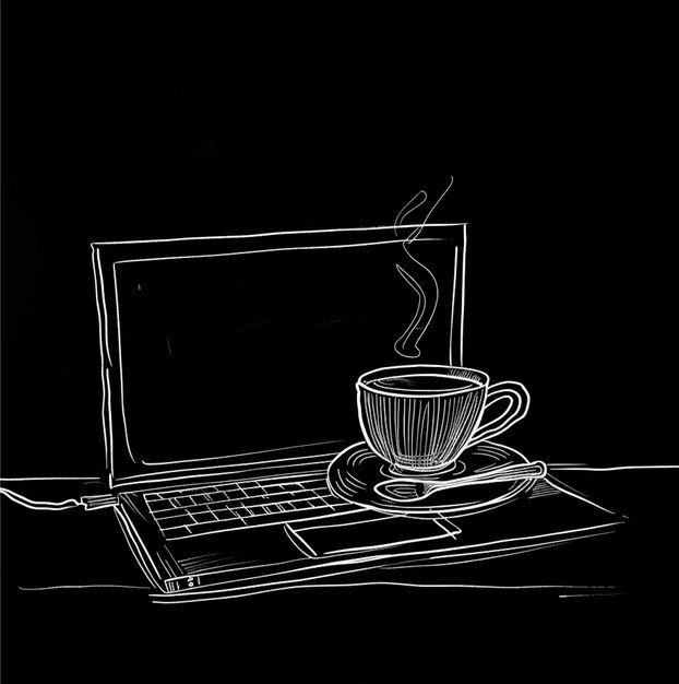 laptop z kubkiem do kawy jedna linia sztuki w czarnym bg