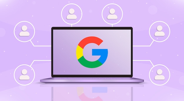 Laptop z logo Google na ekranie i ikonami użytkownika wokół 3d