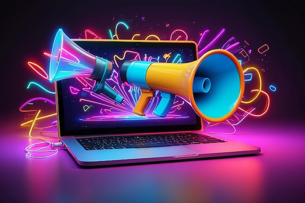 Zdjęcie laptop z megafonem na tle z kolorowymi neonowymi światłami sprzedaż i marketing