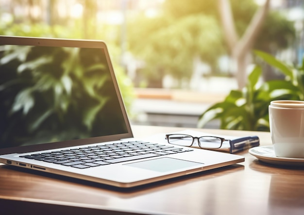 laptop z okularami i długopisem na stole.