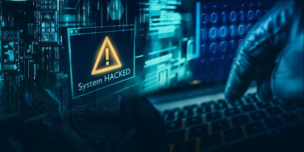 Laptop z ostrzeżeniem o naruszeniu systemu Wirus, oprogramowanie szpiegowskie, szkodliwe oprogramowanie lub ataki złośliwego oprogramowania na komputer