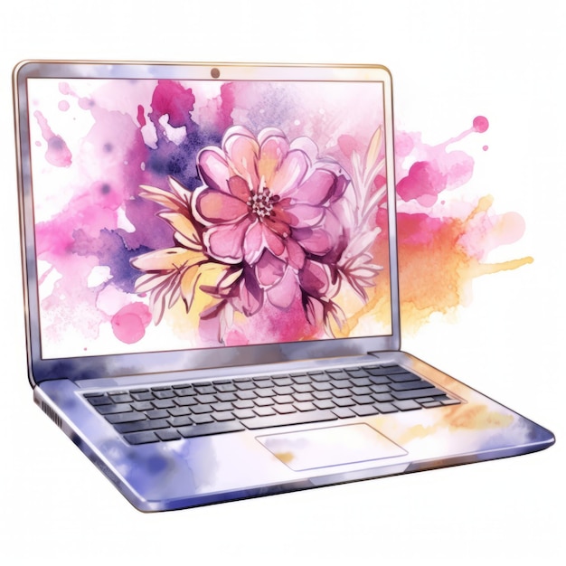 Laptop z plamami farby akwarelowej na białym tle na białym tle