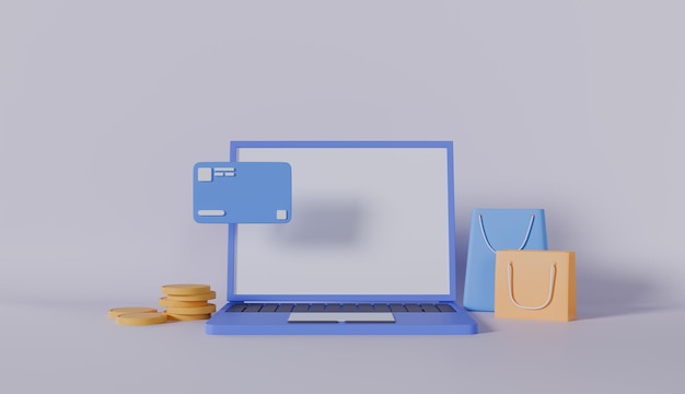 laptop z płatnością kartą kredytową torebka do zakupów online koncepcja handlu elektronicznego