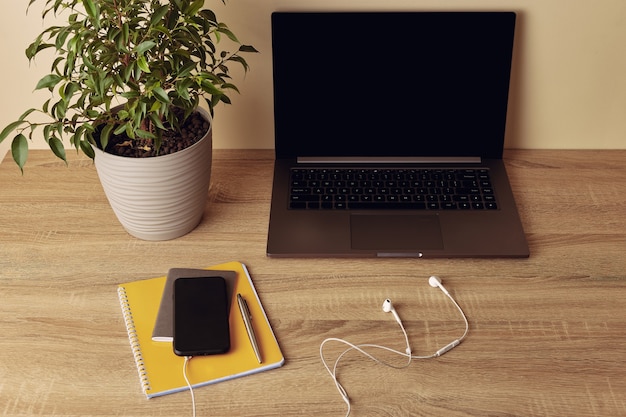 Laptop z pustym ekranem, rośliną doniczkową, żółtym notatnikiem, długopisem, telefonem komórkowym i słuchawkami.