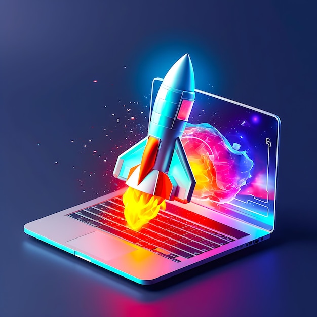 Laptop z rakietą z napisem „kosmos”.