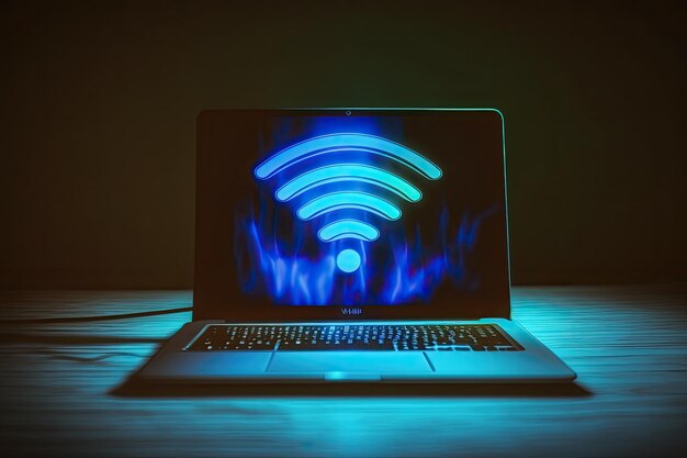 Laptop z sygnałem Wi-Fi na ekranie niebieskiego tła koncepcja technologii Generatywna sztuczna inteligencja