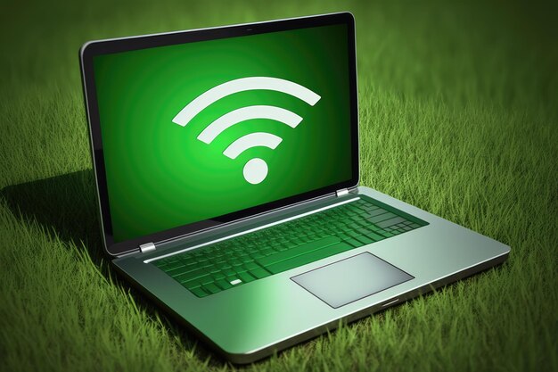 Laptop z sygnałem Wi-Fi na ekranie zielonego tła koncepcja technologii Generatywna sztuczna inteligencja