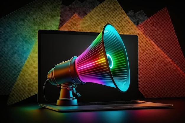 Laptop z tłem megafonu z kolorowymi neonami sprzedaży i marketingu Generative AI