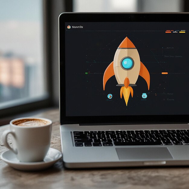 Laptop z uruchomieniem rakiety ikona wektorowa ilustracja koncepcja ikony technologii biznesowej izolowany premium wektorowy płaski styl kreskówki