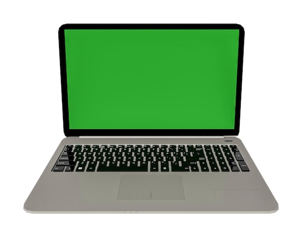 Laptop z zielonym ekranem na białym renderowaniu 3d