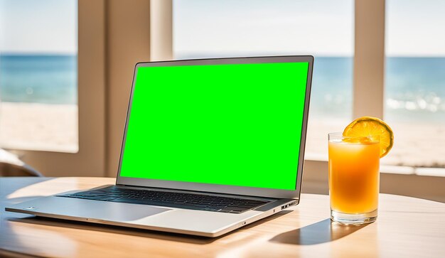 Laptop z zielonym ekranem na stole przy plaży z tropikalnymi palmami koktajlowymi i widokiem na ocean przedstawiający zrelaksowane środowisko robocze