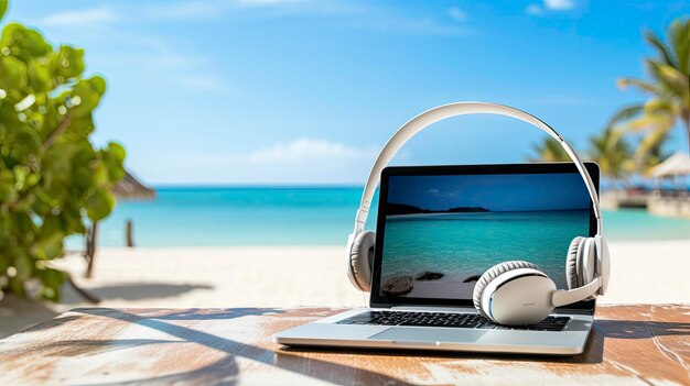 laptopa i słuchawek na zdalnej współpracy zespołowej na spokojnej plaży