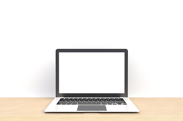 Laptopu pusty biały ekran na drewnianym praca stołu frontowym widoku