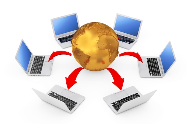 Laptopy ułożone w okrąg wokół Golden Earth Globe z świecące połączenia czerwone strzałki na białym tle. Renderowanie 3D