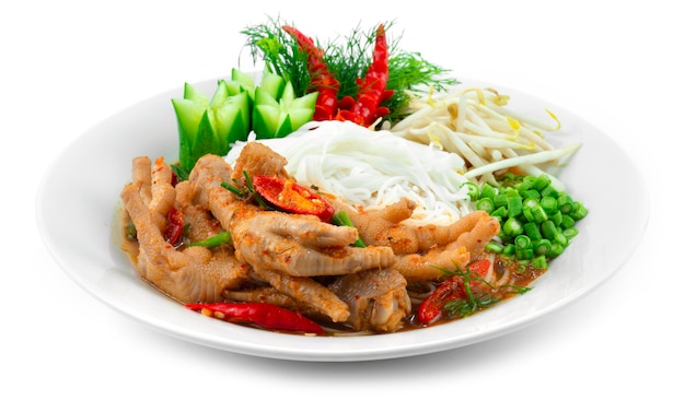 Łapy Kurczaka Pikantna Zupa Wiosenna z Czerwonego Curry z Makaronem Fermentowanym Ryżem Serwowanie Warzywa Tajskie Jedzenie Street Food Fusion Style sideview