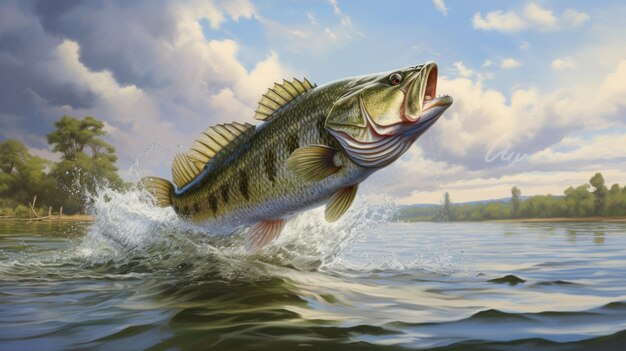Zdjęcie largemouth bass skaczący z wody ai generatywny