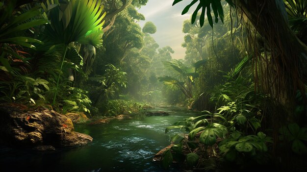 Las deszczowy Amazonii z tropikalną roślinnością strumień