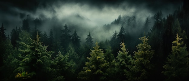 Las deszczowy z widokiem na krajobraz górski Generatywny z AI