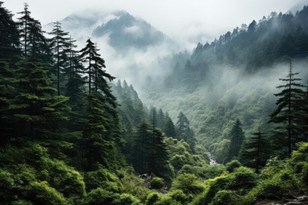 las górski z wysokimi drzewami myst i mgła ponure tło AI Generated