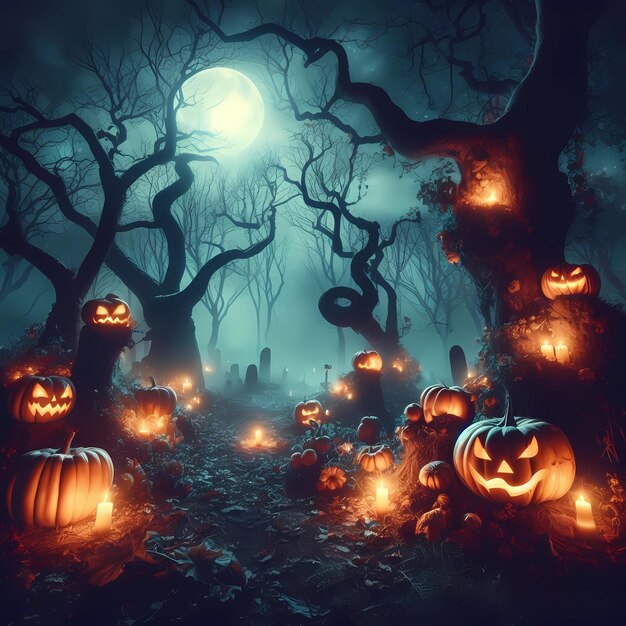 Zdjęcie las halloween z dyniami w nocy
