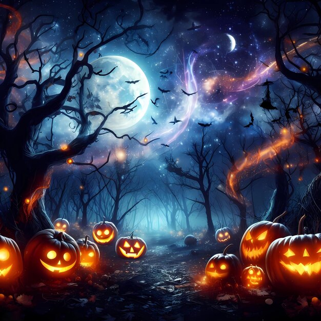 Las Halloween z dyniami w świetle gwiazd w nocy_2