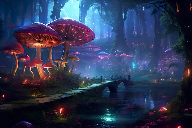 Las jest oświetlony grzybami i kwiatami w stylu realistycznych dzieł sztuki fantastycznej ulicy ciemny szmaragd i jasny cyjan AI generatywny