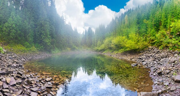 Las mglisty niebieski panorama jeziora