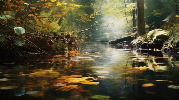 Las odzwierciedlony w rzece, fali w wodzie tworzące impresjonistyczny obraz.