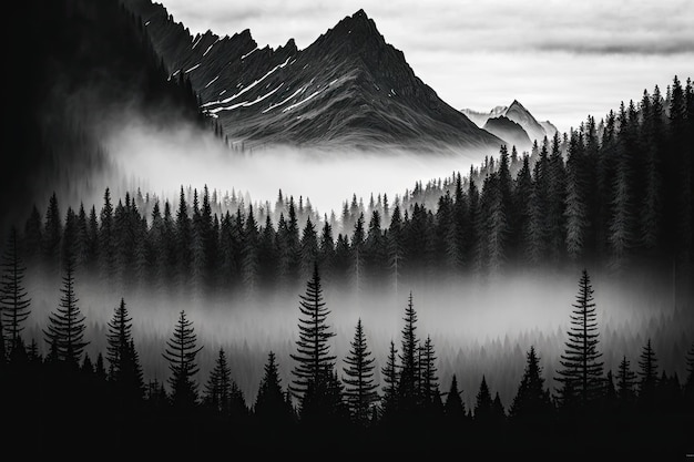 Las otoczony niską mgłą z górami pojawiającymi się w oddali