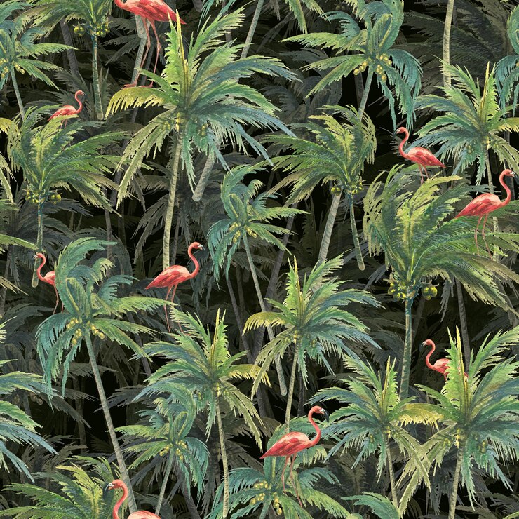 Zdjęcie las palm kokosowych z różowymi flamingami na ciemnym tle akwarela ilustracja bezszwowy wzór z dużego zestawu kuba do tkanin tekstylnych tapeta okładka dekoracja i design