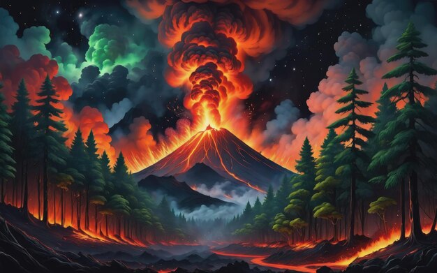 Las płonie z powodu magmy z erupcji wulkanu Dym wznosi się na nocnym niebie