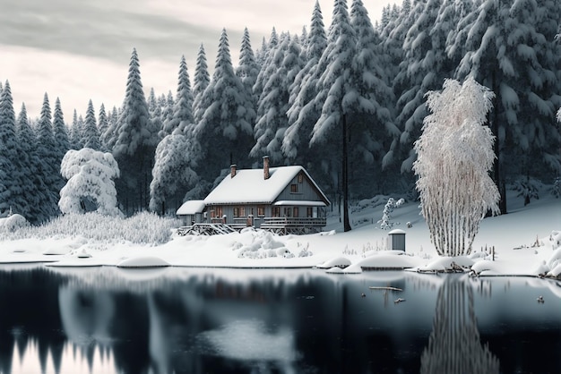 Las pokryty śniegiem w pobliżu domku nad jeziorem