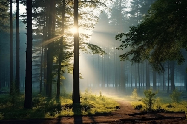 Las rano w mgle w słońcu drzewa w mgle światła świecąca mgła między drzewami