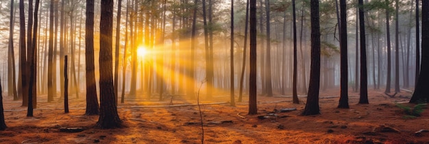 Las rano w mgle w słońcu drzewa w mgle światła świecąca mgła między drzewami