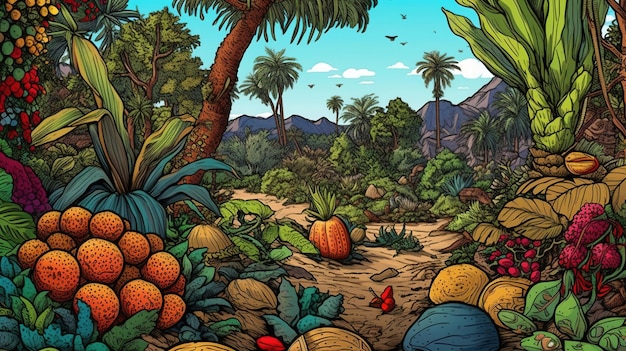 Las tropikalny z dużą ilością warzyw i owoców Koncepcja fantasy Malarstwo ilustracyjne