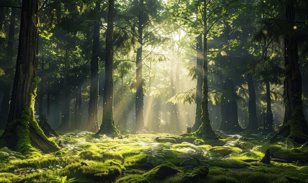 Las, w którym światło słoneczne świeci przez drzewa, światło rzuca cienie na ziemię, tworząc spokojną i spokojną atmosferę.